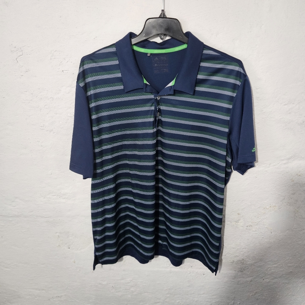 Adidas ClimaCool Polo Shirt Mens 2XL Blue Green Striped Golf Athletic